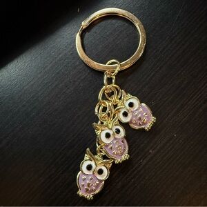 NEW Owl trio enamel key chain bag charm light purple lilac enamel on gold